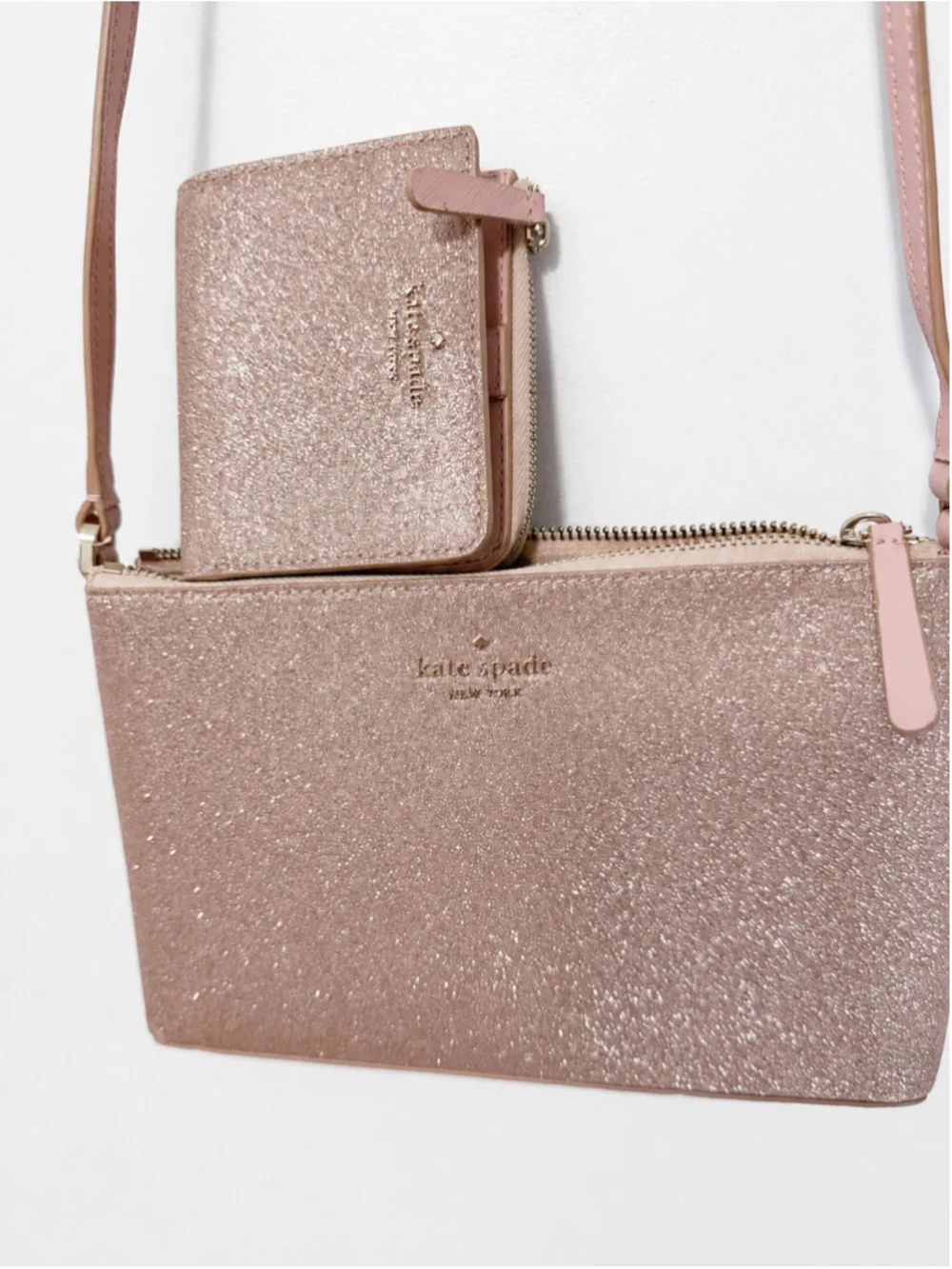 Kate Spade Rose Gold Glitter Crossbody Bag Matching Wallet Set Pink Sparkle